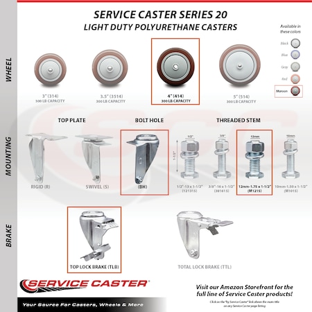 Service Caster 4 Inch Maroon Polyurethane Wheel Swivel 12mm Threaded Stem Caster with Brake SCC-TS20S414-PPUB-MRN-TLB-M1215